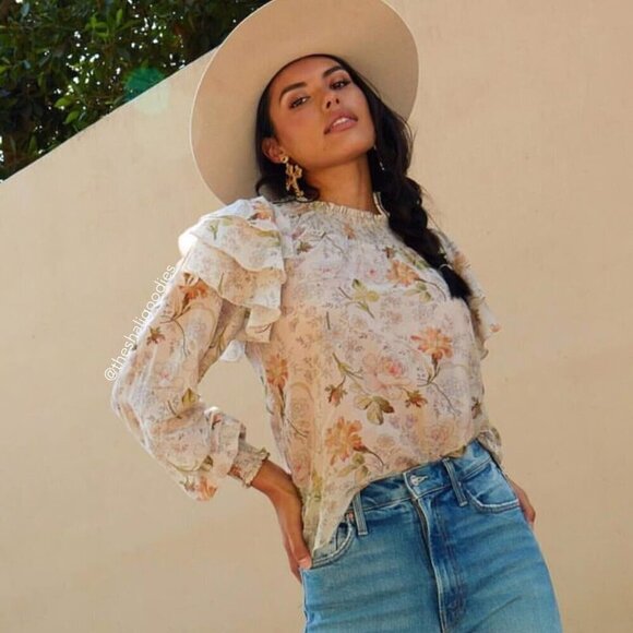 V. CHAPMAN Lucca Top Floral Ruffle Long Sleeve Cotton Silk Blouse Top Size 0 - Picture 3 of 10